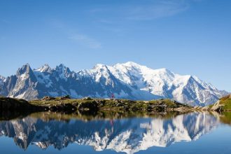 Le massif du Mont-Blanc enneige se refletant dans un lac d'altitude au-dessus de Chamonix