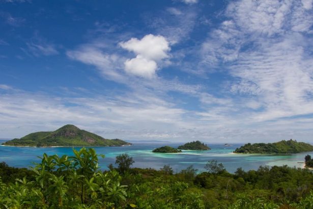 Petites îles boisées entourées d'un lagon turquoise aux Seychelles, vues depuis la végétation d'un rivage